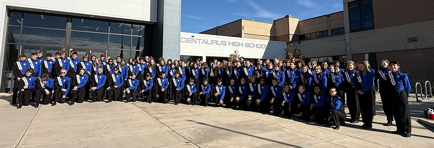 The CHS Warrior Marching Band in front of the schools